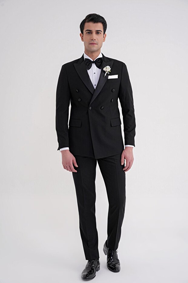 Slim Fit Removable Satin Collar Double Breasted Black Groom Suit Tuxedo Set Black 082