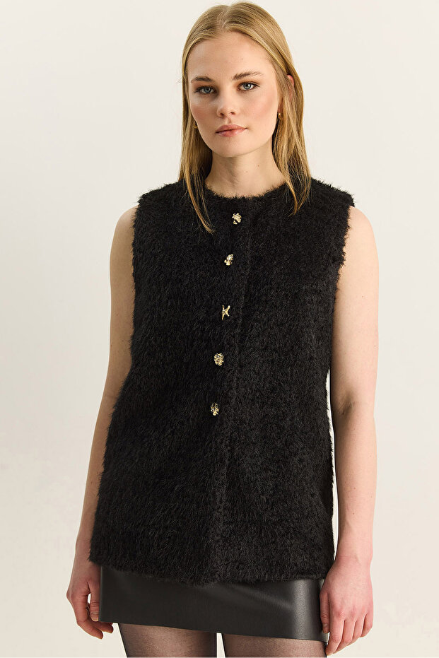 Women's Black Soft Textured Bearded Button Detailed Lined Vest 60282043