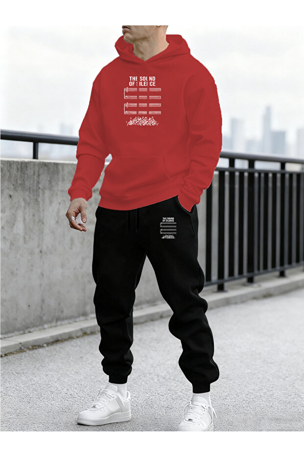 Men's Silence Printed Comfortable Fit Hooded Pocket Top Jogger Elastic Cuff Bottom Tracksuit Set