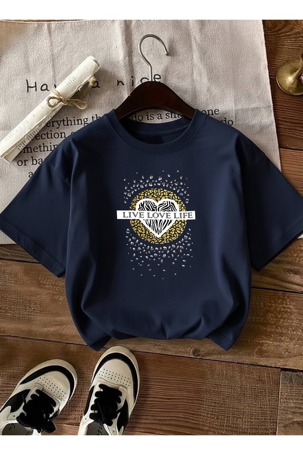 Women's Live Love Life Slogan Heart Printed Crew Neck Navy Blue T-Shirt