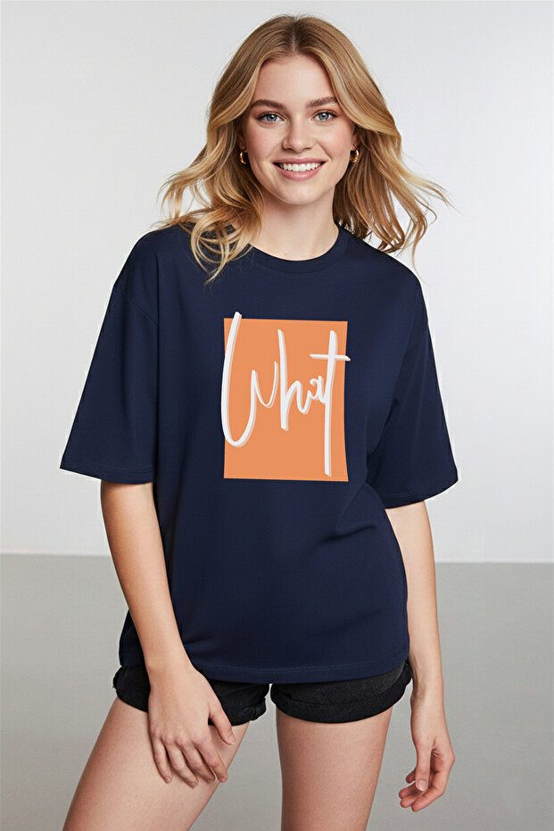 Women's What Printed Crew Neck Navy Blue T-Shirt