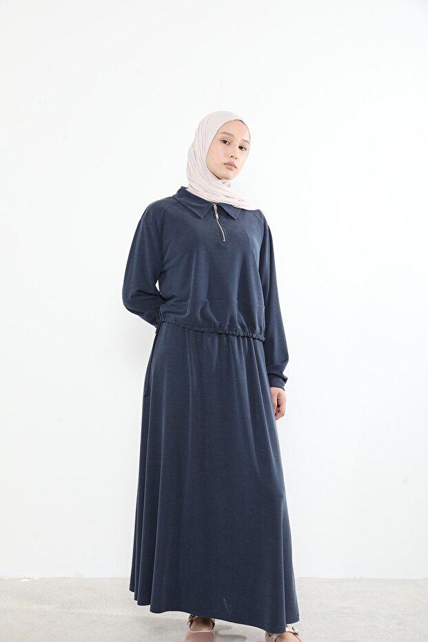 Collared Zipper Detail Skirt Suit-Dark Blue