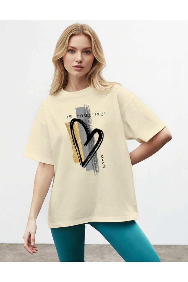 Women's Heart Figured Be-Youatiful Written Crew Neck Beige T-Shirt