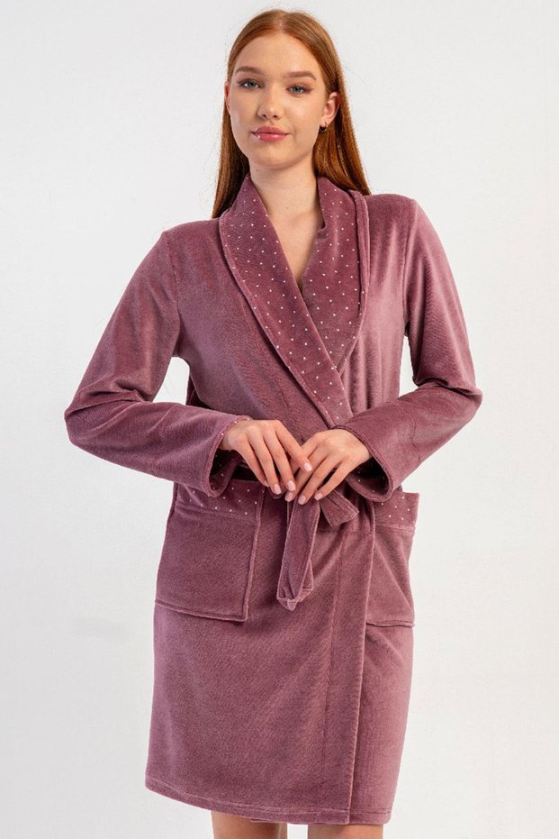 Women's Velvet Fabric Shawl Collar Long Sleeve Belted Pocketed Cotton Dressing Gown C0T2N0705