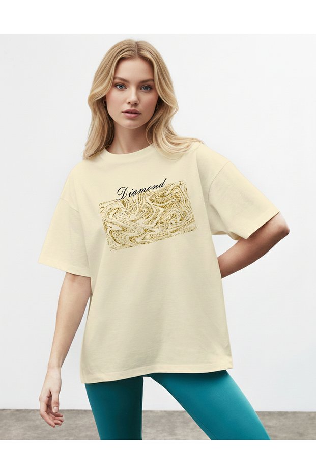 Women's Shimmery Look Printed Crew Neck Beige T-Shirt