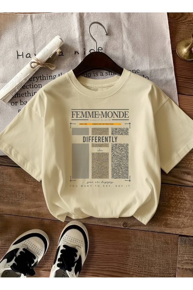 Women's Femme Printed Crew Neck Beige T-Shirt