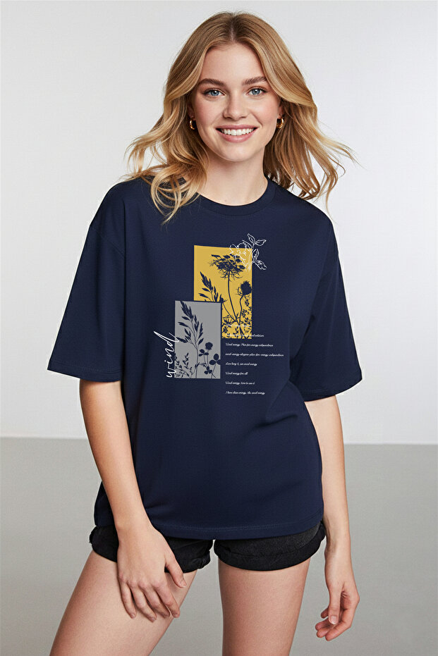 Women's Tie-Dye Patterned Floral Printed Crew Neck Navy Blue T-Shirt