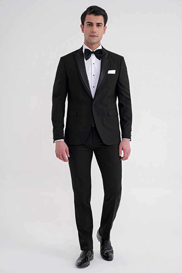 Slim Fit Removable Swallow Collar Satin Black Groom Suit Tuxedo Set Black 085