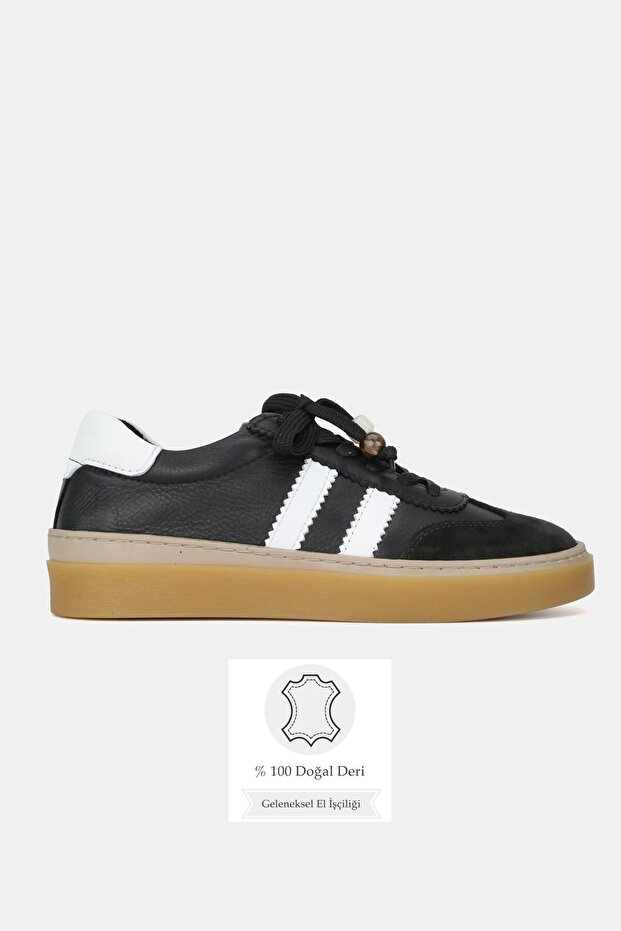 Women's Black Genuine Natural Leather Size 36-41 Lace-Up Sneaker Shoes