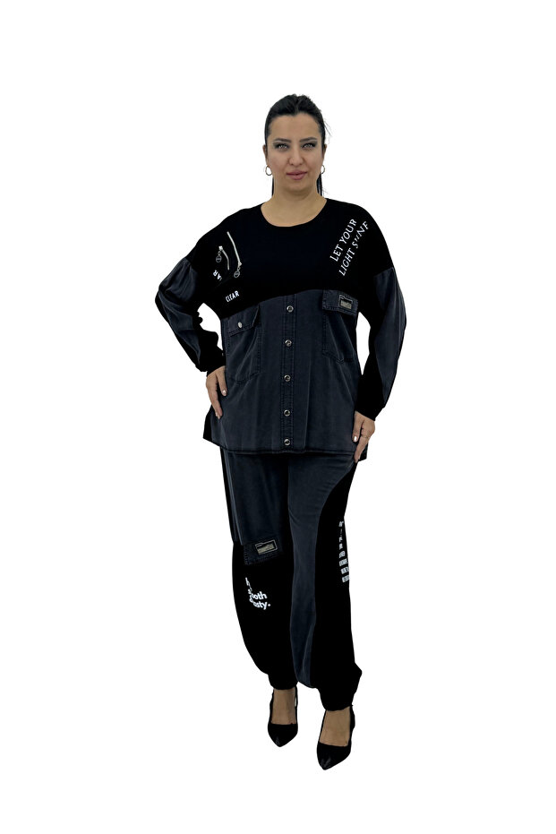 Plus Size Viscose Button Detailed Front Pocket Jogger Elastic Double Women's Set