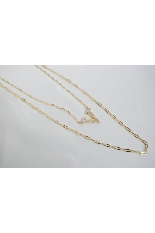 Kol215 V Letter Zircon Stone Paperclip Chain Gold Necklace