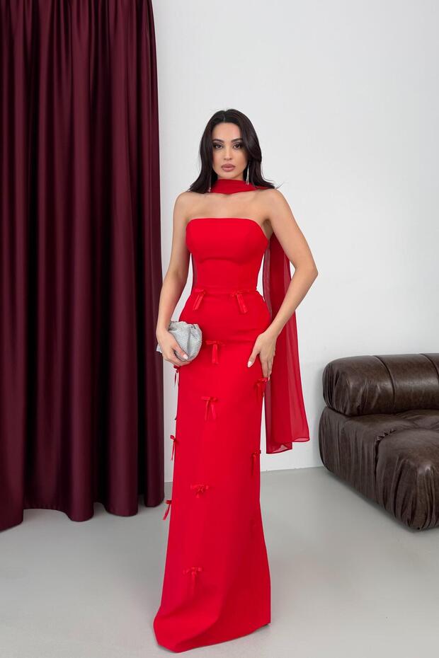 Red Bow Detailed Scarf Strapless Evening Dress