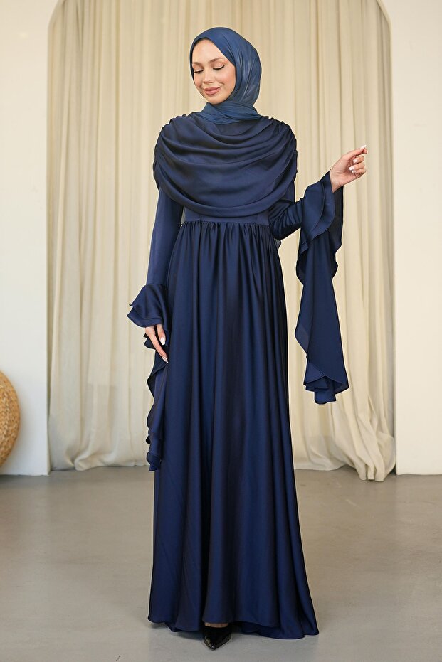 Navy Blue Sleeve Layered Front Draped Satin Evening Dress