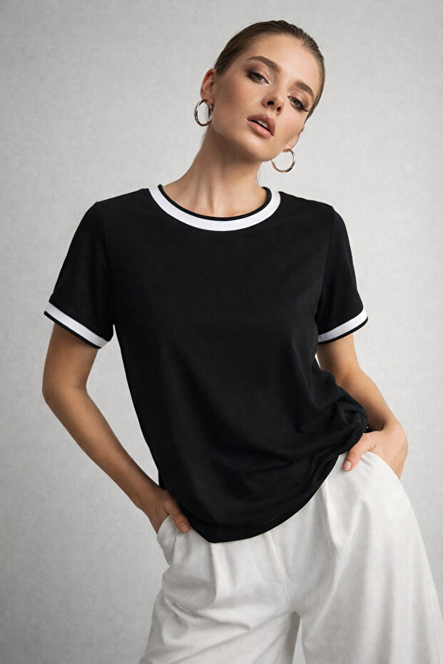 Women's Black Cycling Knitwear Collar Short Sleeve Basic T-Shirt