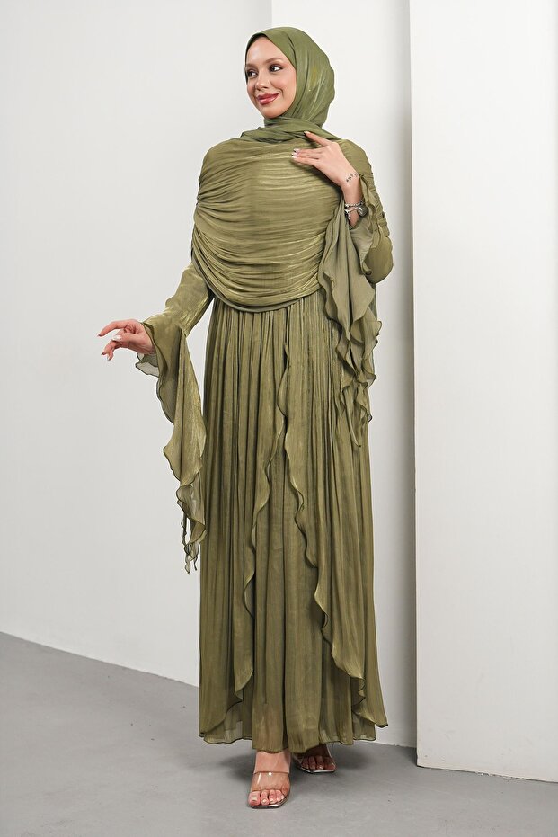 Dark Oil Green Ruffled Evening Dress with Cape
