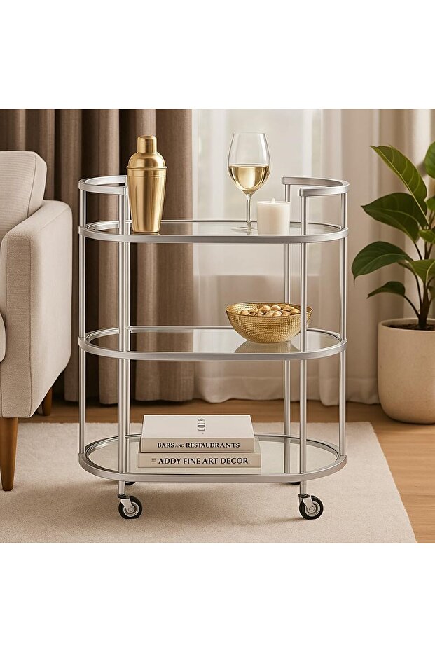 OneDcor Glass Serving Trolley with Wheels – 3-Tier Kitchen Utility Cart, Tea & Drinks Serving Rack