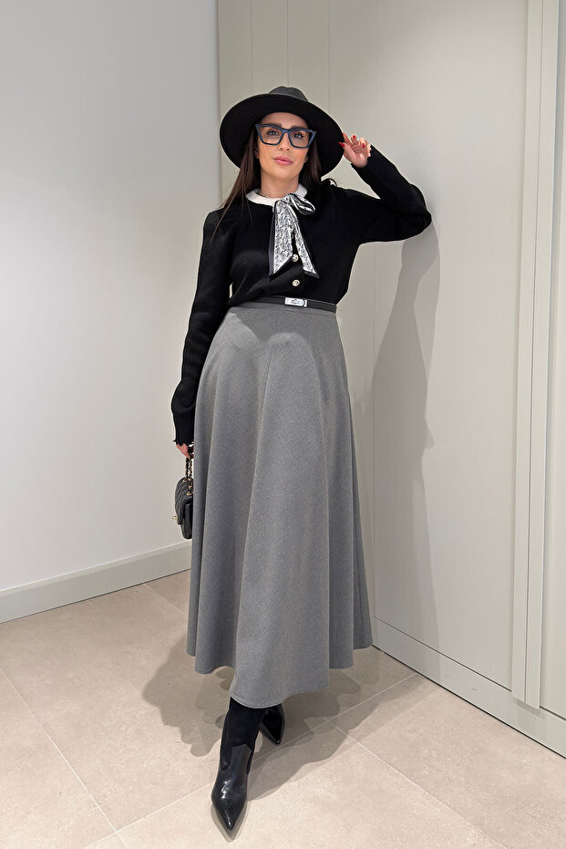 تنورة ميدي واسعة - رمادي - 2