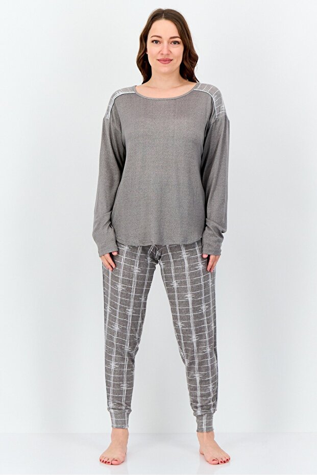 Women 2 Pieces Allover Print Top And Bottom Pyjama Set, Grey