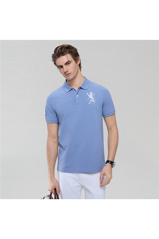 Men’s Slim Fit 3D Lion Embroidery Lycra Pique Polo