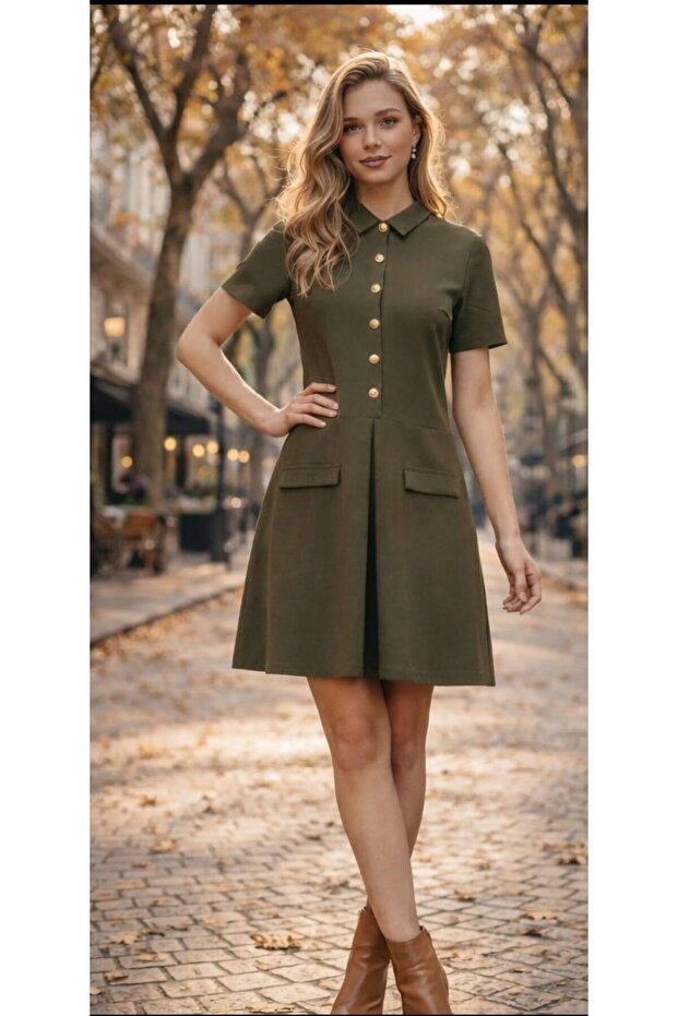 Women's Buttoned Pleated Detail Dress