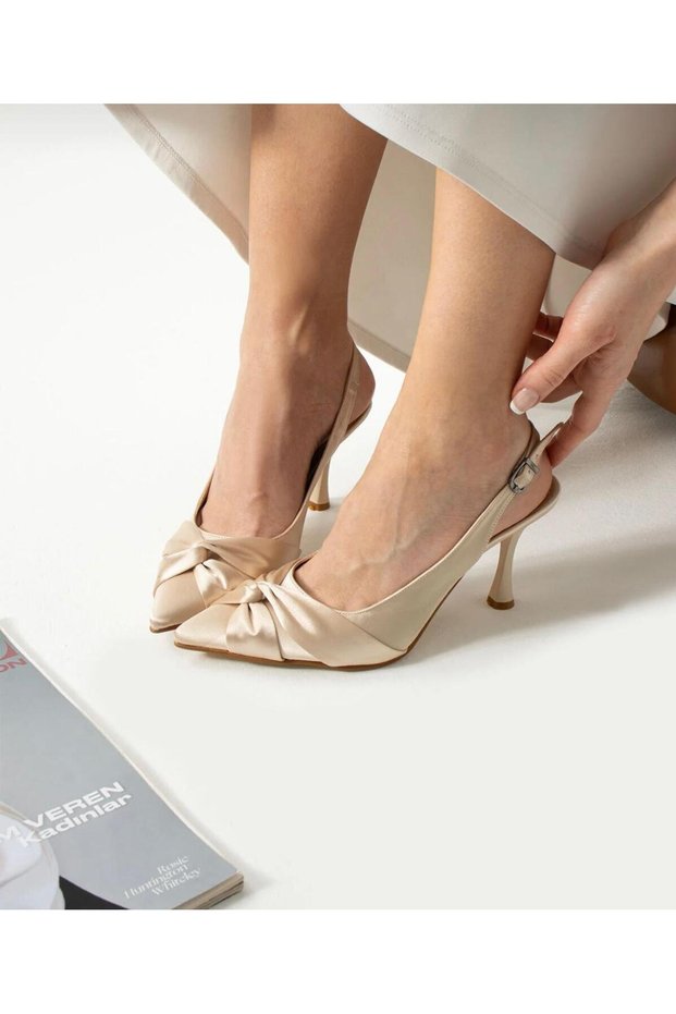 Women's Beige Satin Front Knot Detail Evening Dress Sitiletto Classic Heeled Shoes