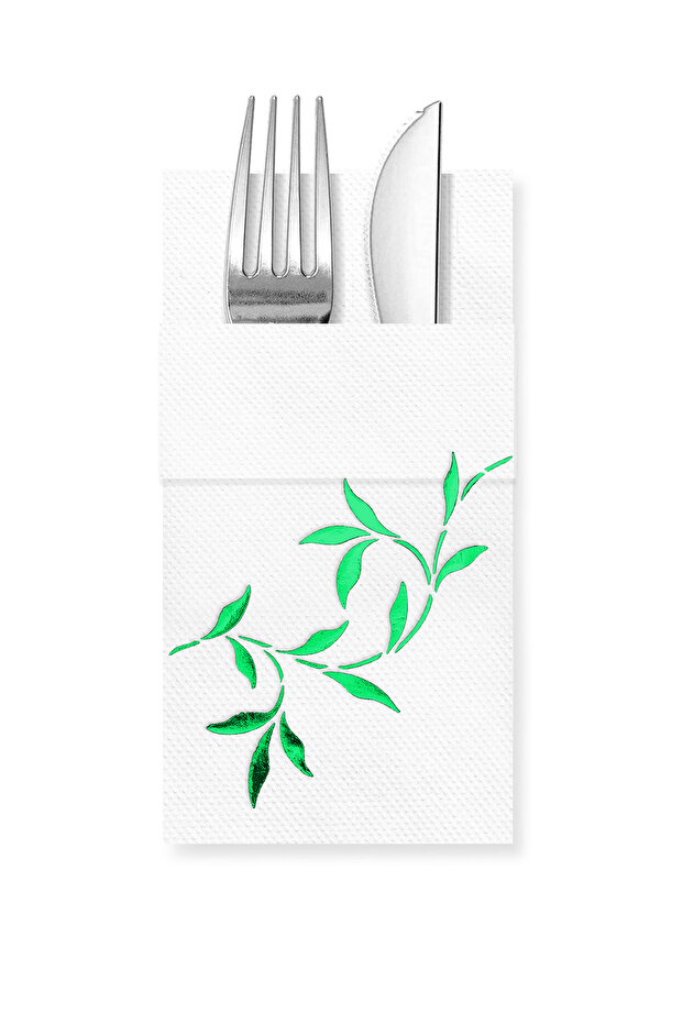 40X40 cm White Paper Napkins with Green Leaf Pattern and 16 Pockets