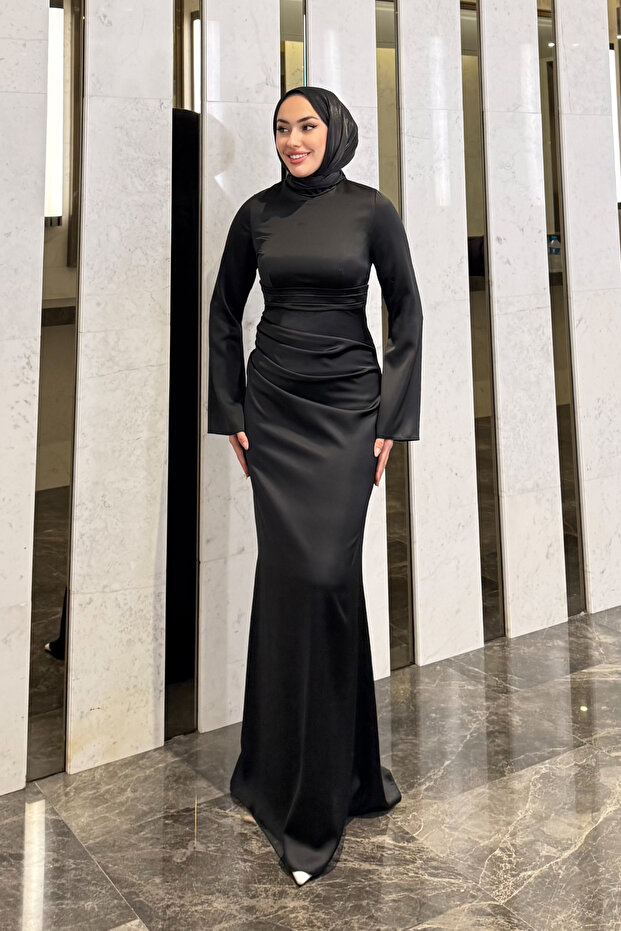 Eftal Zara Satin Fabric Draped Black Hijab Evening Dress