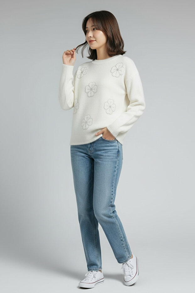 Women's Tulle Bead Detail White Sweater
