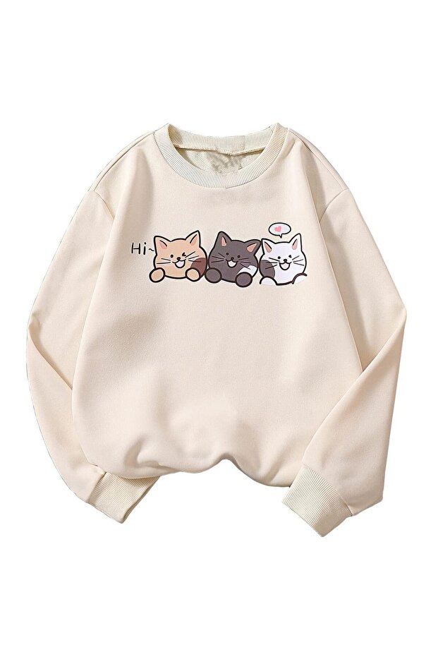 Triple Side by Side Cat Printed Unisex Winter Children's Sweatshirt Beige
