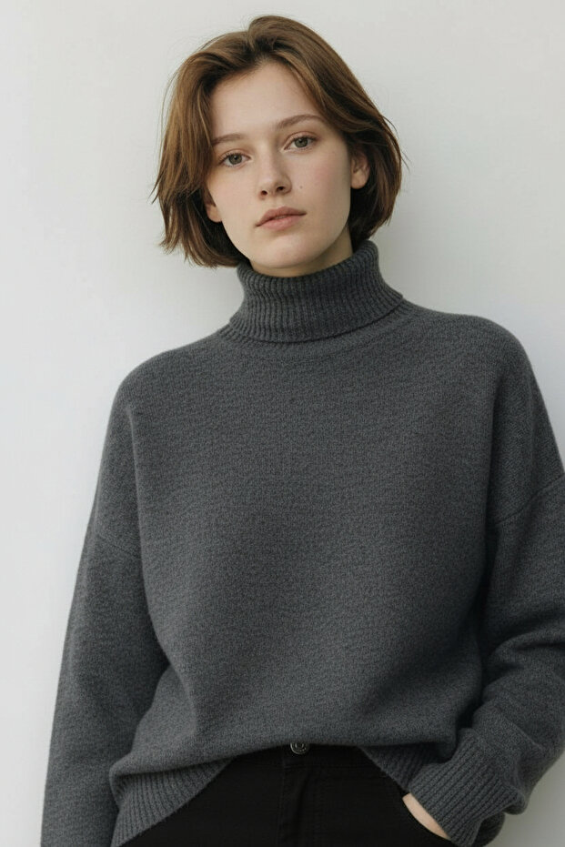 Anthracite Turtleneck Basic Knit Sweater - 2