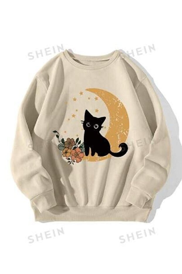 Black Cat and Moon Printed Unisex Winter Children's Sweatshirt Beige