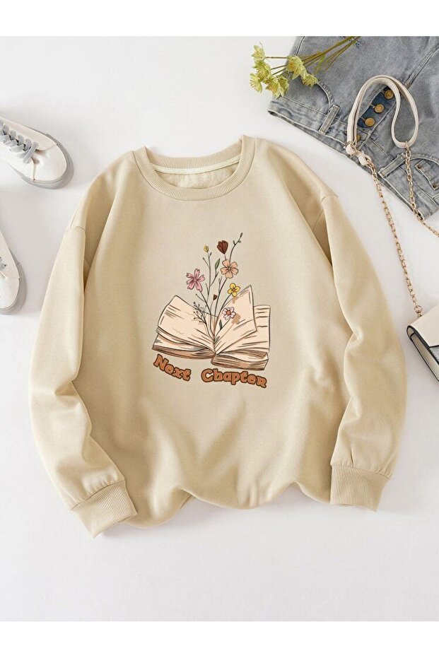 Book Flower Printed Unisex Winter Children's Sweatshirt Beige