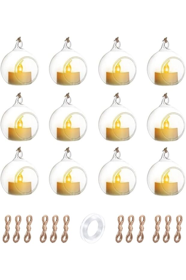 Hanging Glass Globe Candle Holder Set, 12pcs with Tealights & Twine for Decor, 10cm