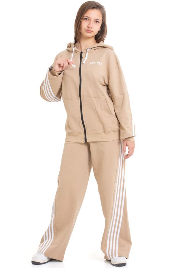 Striped Dri Fit Hooded Girls' 2-Piece Tracksuit Set - Beige