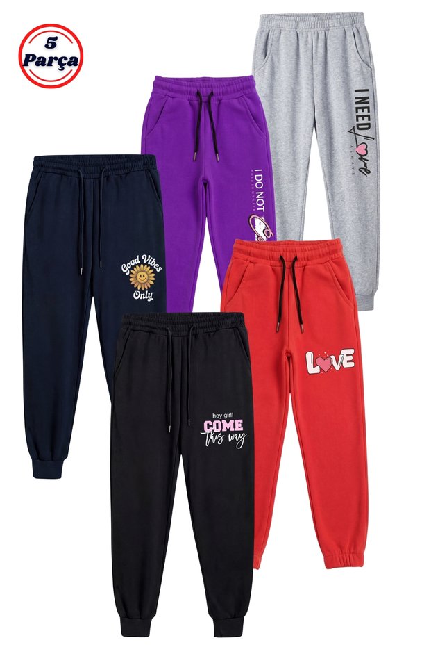 5-Piece Print Detailed Jogger Girls' Sweatpants with Elastic Legs