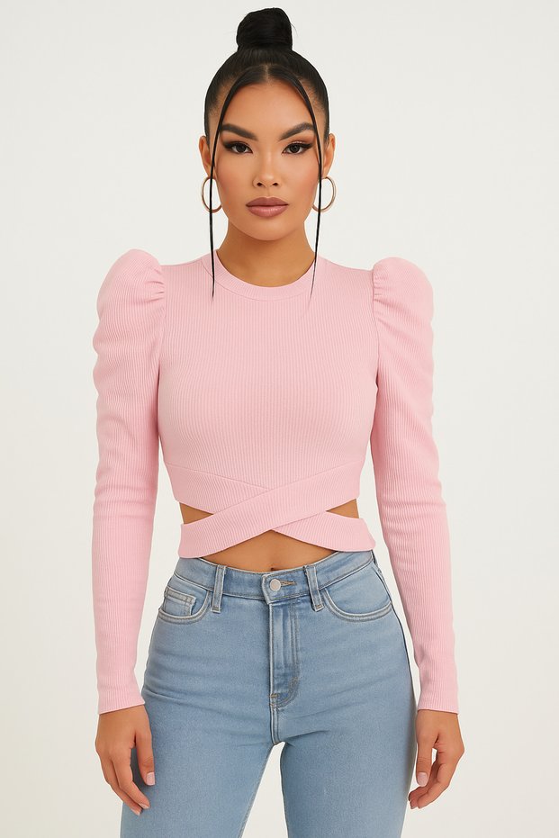 Women's Crop Blouse Ribbed Cross Detail Long Sleeve Fit Cut