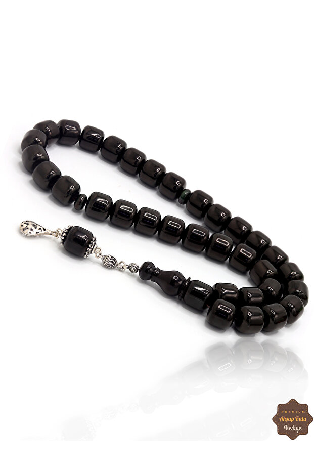 Dark Black Oversized Capsule Cut Silver Tassel Fire Amber Prayer Beads 201024947