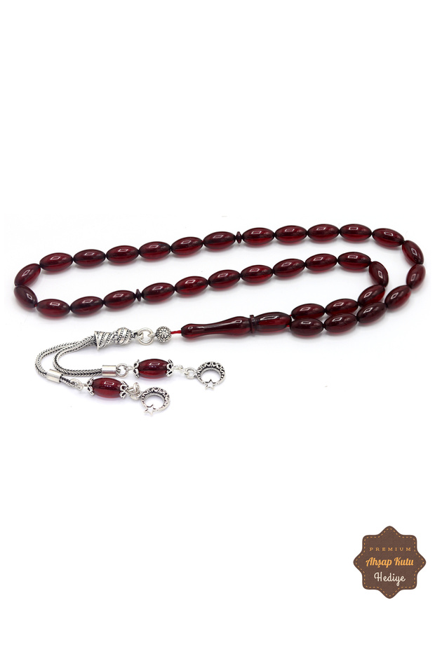 Dark Burgundy Barley Cut Silver Moon Star Tassel Clasp Amber Prayer Beads 201024955