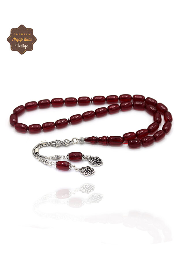 Burgundy Capsule Cut Silver Moon Star Tassel Crimped Amber Prayer Beads 201024956