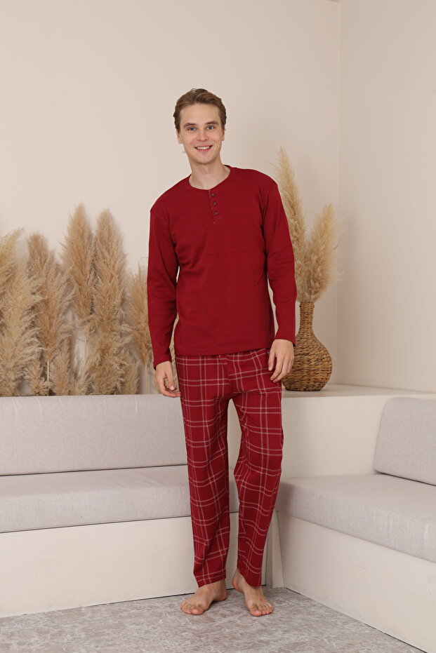 طقم بيجامة رجالي عالي الجودة بأكمام طويلة وأزرار من القطن الطبيعي 100%