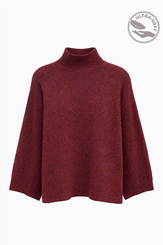 6998 women's batwing sleeve wool blend turtleneck knit sweater - burgundy