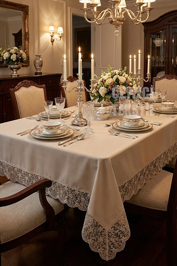 Tablecloth French Lace, Luxurious Carefree Slub Tablecloth with Lace