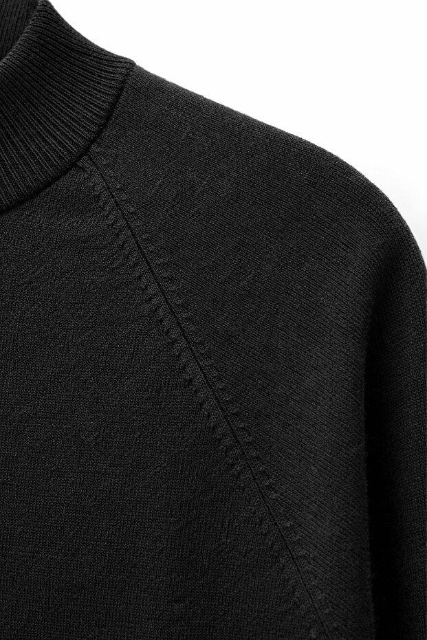 7003 Kadın Oversize Dik Yaka Basic Triko Kazak Siyah - 3