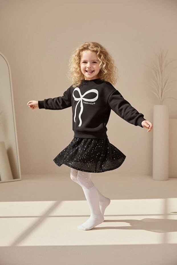 Girl's Premium Black Sequin Stylish Luxury Sweatshirt Set with Flexible Skirt