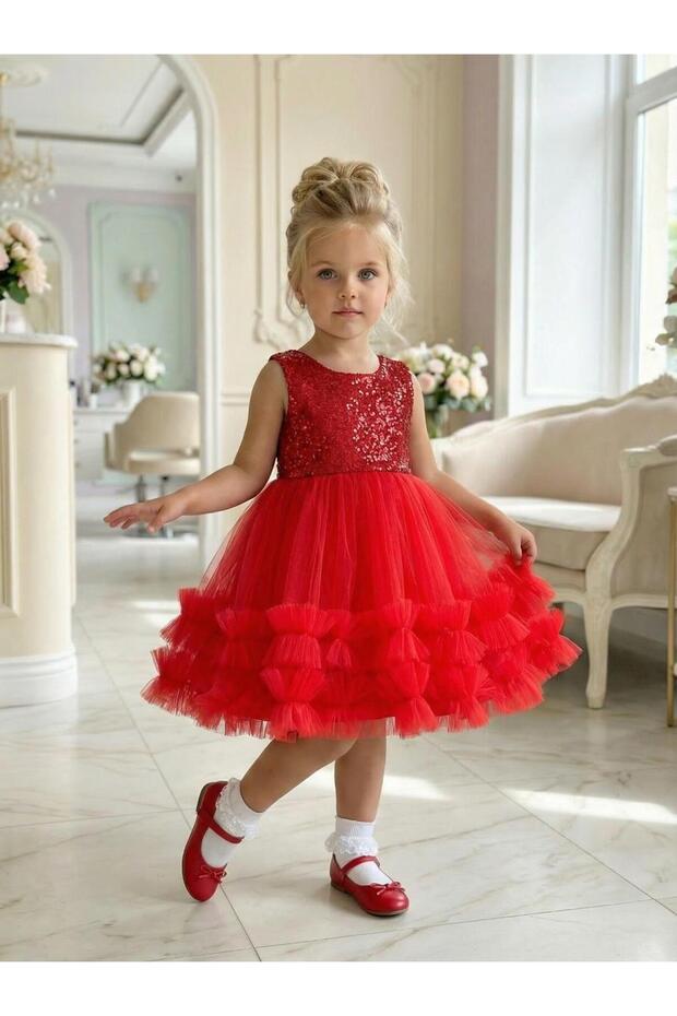 Girl's Red Sequined Ruffled Tulle Piece Princess Evening Dress 1-6 Years Old