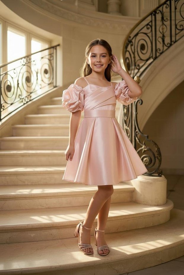 Girl's Strap Powder Balloon Sleeve Monorail Fabric Evening Dress 11-15 Years Old