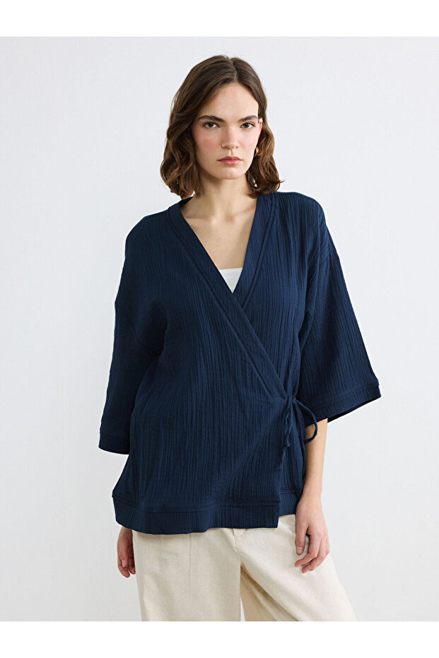 Esvab • Modern & Distinctive Double-Breasted Roba Collar Textured Women's Kimono