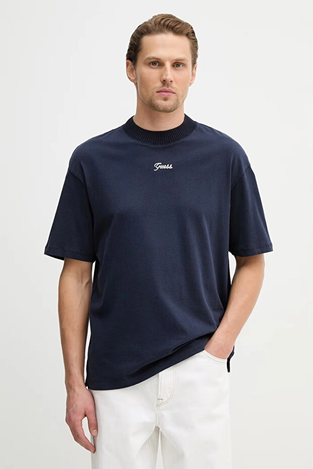 Short Sleeve Contrast Collar Knit Men's Navy Blue Top M6Rp09Ka260-G7V2