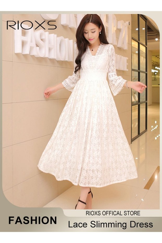 Women's Long Sleeve Floral Lace Maxi Dress, Elegant A-Line V-neck Long Flared Sleeve Party Dress, Ca
