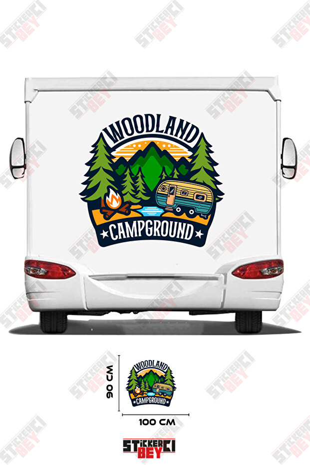 Woodland Campground Caravan Sticker Decal with Written Tree and Caravan Image
